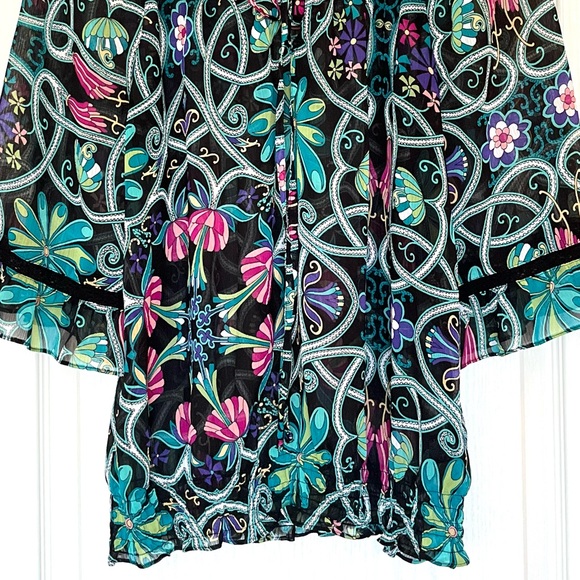 Nicole Miller Black Boho Floral Peasant Blouse Multi-Colour Sz M Renaissance Y2K - Picture 3 of 15